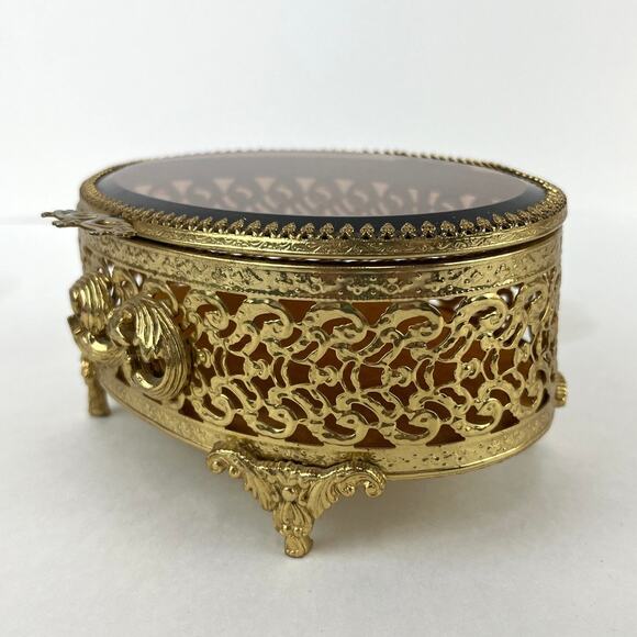 Ormolu Hollywood Regency Footed Oval Jewelry Trinket Box - Picture 4 of 8